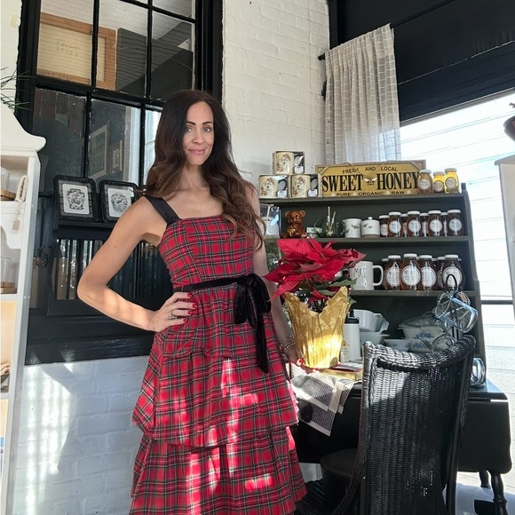SUGARLIPS ELEGANCE DEFINED 100% COTTON RED PLAID TIERED MIDI DRESS - Picture 15 of 16